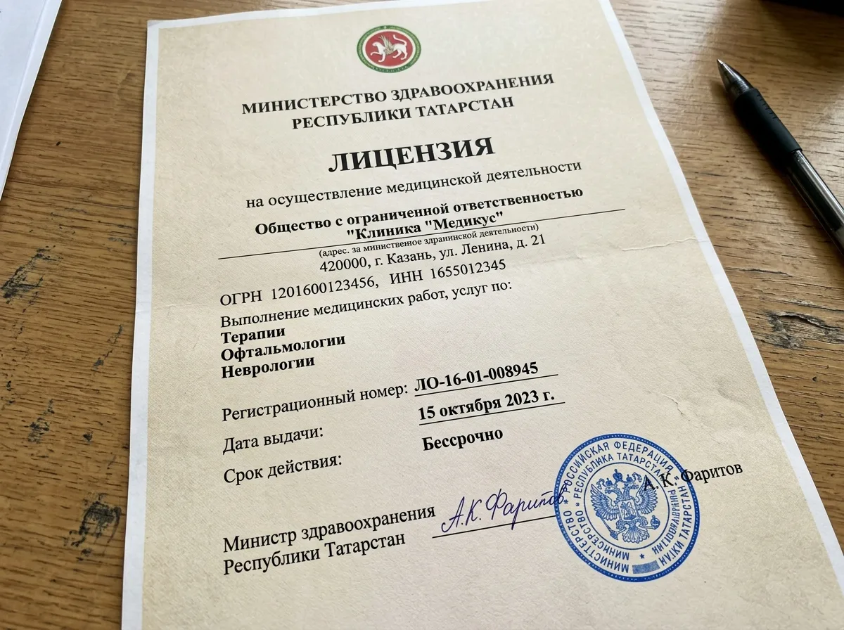 Лицензия Министерства здравоохранения Республики Татарстан на осуществление медицинской деятельности, официальный документ с печатью и подписью, бежевый фон